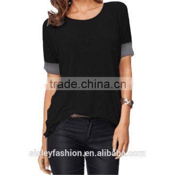 2016 T shirts For Woman Cotton Top New Black Short Sleeve Contrast Cuff Casual T-Shirt for ladies TS080