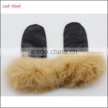 2016 women winter factory gloves wholesale leather mittens gloves with long fur