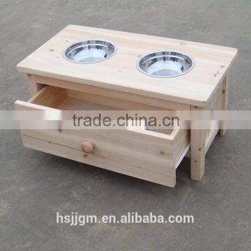 outdoor wooden pet feeder with stainless bowls