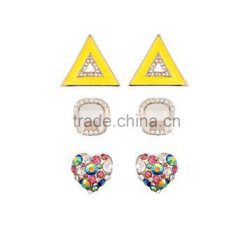 Big Colorful Crystal Heart Shape Stud Square Milky Stone Enamel Triangle Huge Earring Set