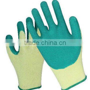 Yellow polyester/cotton knitted gloves with Latex coated on palm