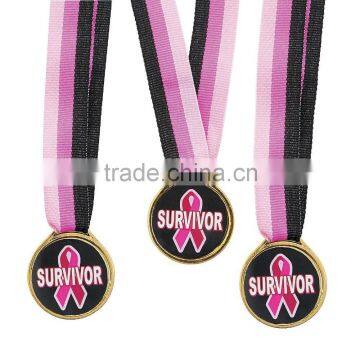 Cheap Promotional Plastic Gold Medals with Custom Design Pink Awareness Ribbon Survivor on one side and Blank on the reverse