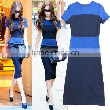 Victoria Beckham style OL Commute Similar Short Sleeves Career Dresses Sexy Color block Career Dress