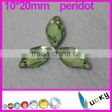 2014 New! sew on rhinestones 10*20mm number 3073# Mermaid shape Peridot color Strass crystal beads for Sewing wedding dress