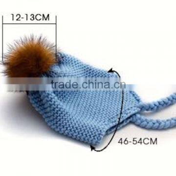 Hot Selling Winter Knitted Wool Baby Beanie Hat With Raccoon Fur Pom Poms/Earflaps