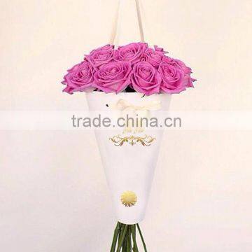 High quality conic shape cardboard flower packaging box with ribbon handle