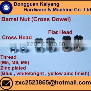 Barrel Nut (Cross Dowel); Bright (White) /Blue /Yellow Zinc Plated; M5, M6, M8,