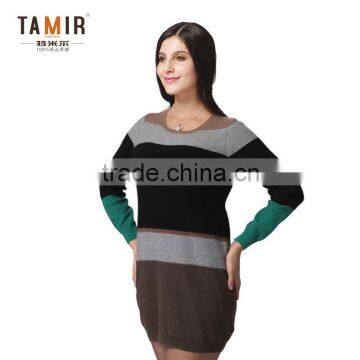 Cashmere Knitted Ladies Winter One Piece Dress, Stylish Women Contrast Color Striated Dress