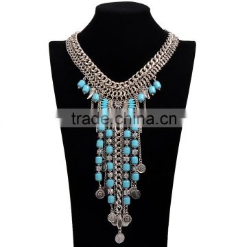 Factory Directly Wholesale New Arrive Bohemian Turquoise Coins Tassel Necklace Chunky Statement Necklace