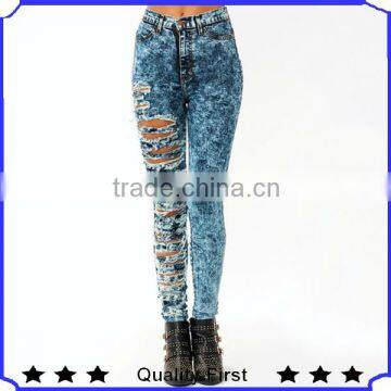 Special One-Side Hole Jean Pants OEM Customized Skinny Long Pants Lady Denim Jeans ShkJ47