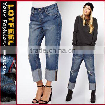 Slim women Boyfriend Jeans in Vintage Wash with Raw Hem Deep Turn Up (LOTX133)