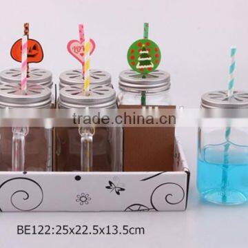 6pcs glass mason jar with handle and colorful straw