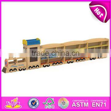 Best design kids preschool furniture cartoon train shape wooden storage shelves W08C200