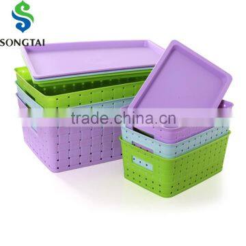Plastic pp rattan style hollow-out basket with lid & handle