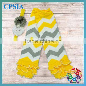 Newest Ruffled Yellow & Gray Chevron Leg Warmers Match with Headband Stylish Infant Knee Pad