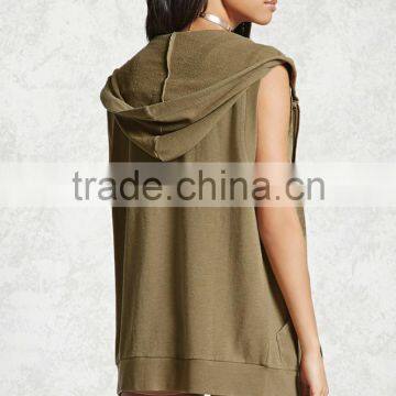 Long Fit Tie Dye Hoodie Women Drawstring Hood Ribbed Trim Heathered Sleeveless Zip Sleeveless Hoodie With Kangaroo Pocket