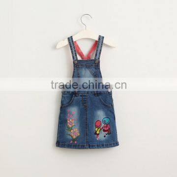 Cartoon little girl flowers embroidered denim strap dress