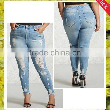 New fashion plus size disressed skinny ripped jeans pants for fat women