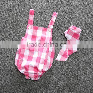 Pink and Black Check Baby Girl Designer Rompers With Headband photo-2