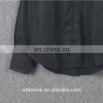 Customized Men's Dark Blue Solid Cotton Shirt Dress Causal Fitted Mens Shirt photo-5