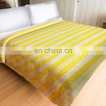 Indian Beautiful Yellow Ikat Design Kantha Quilt Bedspread Throw Cotton Queen Size Blanket