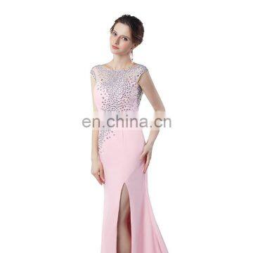 Pink Elegant Popular Off-The-Shoulder Bateau Chiffon Side Split Beading Sweep Train Zipper Backless Women Prom Dress