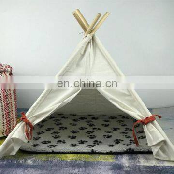 Pet Teepee Tent for Dogs Cats Portable Foldable Cotton Canvas Pets House Bed for Rabbit Puppy 4 Poles Pine Wooden With Floor Whi photo-2