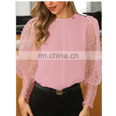 Wholesale top fashion clothes elegant lace wave point fashion lantern sleeve round neck blouses