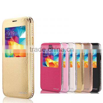 Wallet Genuine Leather Metal Bumper with Diamond Edged Flip-On Back Cover Cell Phone Cases for Samsung S5