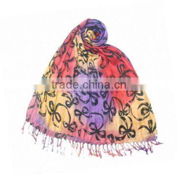 purple & red & yellow scarf black bowknot printed tassel scarf