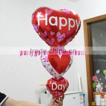 New design three heart shaped happy day helium mylar balloons string heart foil balloon