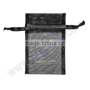 drawstring organza bag with gold logo printed