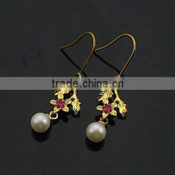 gold earrings 2014 new design women dangle copper pearl earrings(HE10034)