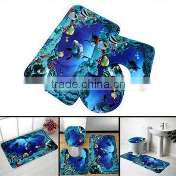 3pcs Blue Ocean Bath Rugs Set / Toilet Seat Cover Carpet / bathroom mat