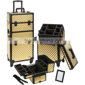 Pro Aluminum Makeup Case Gold Diamond 4 Wheeled Spinner