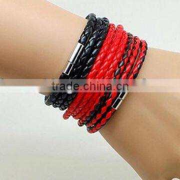 multi strand braided leather bracelet with magnetic clasp, unisex wrap leather bracelet, red-black color leather bracelet