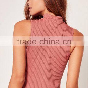 MGOO Elegant 95% Cotton 5% Spandex Bodysuits Ribbed Choker Neck Pink Tops Sleeveless Zip Up Tops photo-4