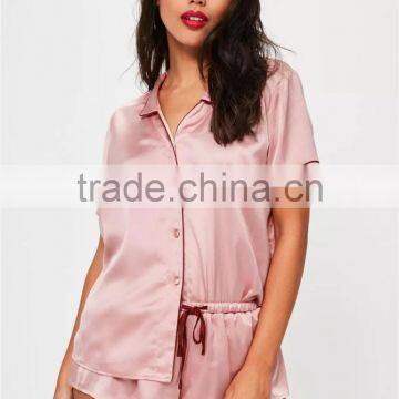 Custom Logo Pink Satin Short Pajama Set With Back Embroideried Button Top With Drawstrings Shorts photo-4