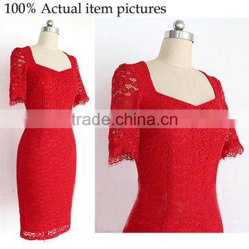 Fashion Vintage Short Sleeve Elegant Floral Lace Cocktail Party Dresses For Women photo-3