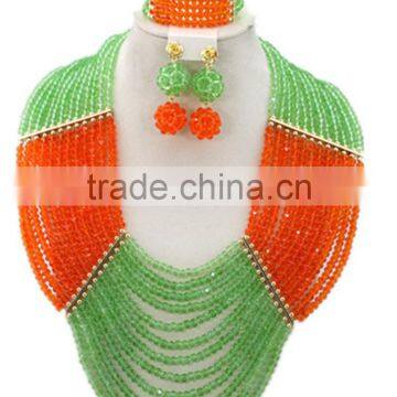 12layers Orange Green Crystal Beads Brooches Nigerian Jewelry Set