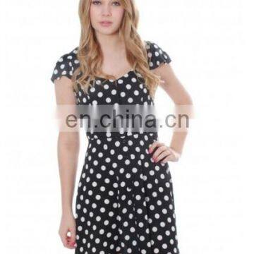 Navy White Polka Dot Print Button Down Tea Dress