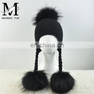 Brand Cute Baby Crochet Hats and Caps With Two Real Raccoon Fur Balls Top Color Matching Hat photo-6