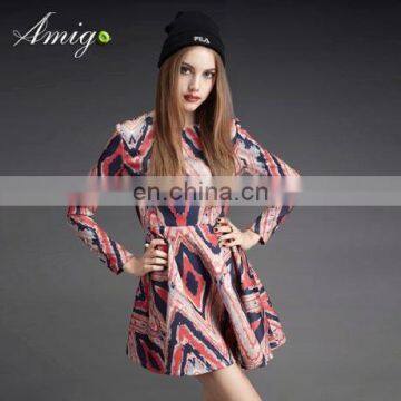 western colorful style long sleeve knee lenght Printed patterns dress wholesale