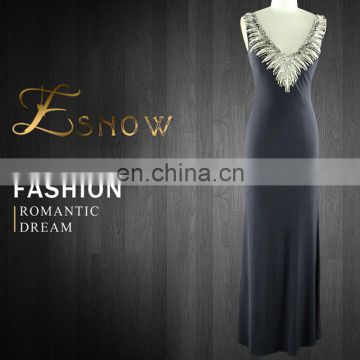 2016 Wholesale New Model Fashion Best Long Black Crystal Beaded Evening Dress