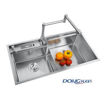 Guangdong Dongyuan Kitchenware 860×450×220mm Brushed Stainless Steel Double bowl Handmade Kitchen Sink (DY-HA465R-864522-R10)