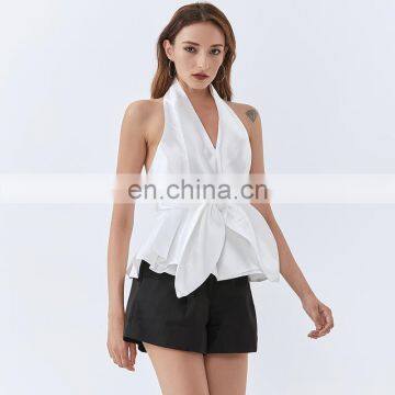 TWOTWINSTYLE Women Shirt Halter Sleeveless Backless Short Blouse Patchwork Bowknot Slim photo-3