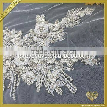 Lace Base Sew On Rhinestone Pearl Beaded Appliques Bridal Wedding Dress Appliques FHA-058 photo-2