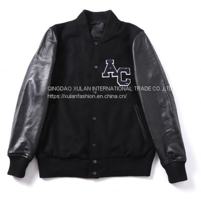 HOT SALE 2021 NEW FASHION MEN'S WOOL/POLYESTER MELTON BASEBALL GENUINE LEATHER  JACKET