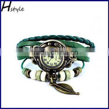 Ladies Quartz Weave wrap Around Leather Bracelet fashion Lady Woman Wrist Watch with leaf WP005