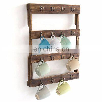 Wall Mounted 16 Hook Torched Wood Coffee Mug Cup Holder Display Rack